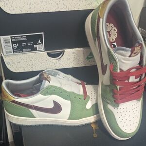 Air Jordan 1 Low Green and Burgundy Sneakers
